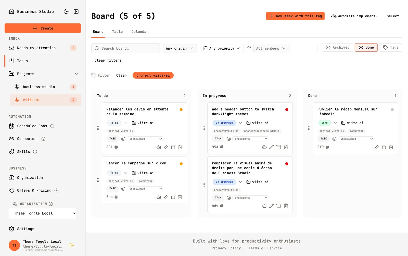Le tableau de bord Business Studio : le board unifié des tâches, avec ses colonnes, ses filtres et son menu latéral